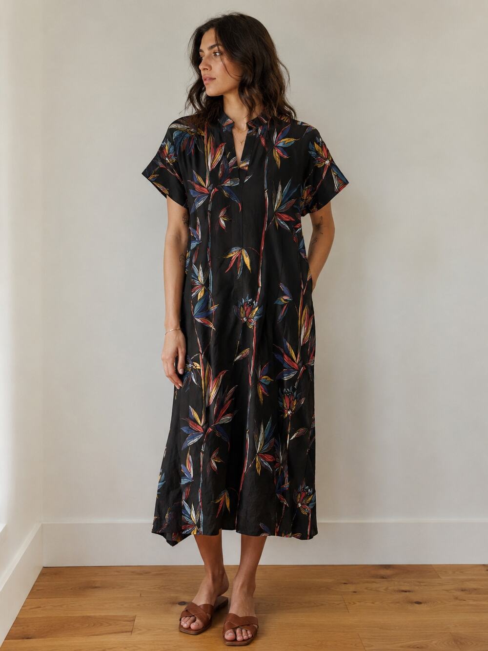 Meg Shop Tropical Floral Midi Dress Kimono Lagenlook Mandarin Art to Wear Small